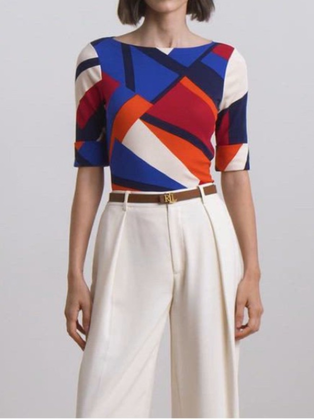 Women Ralph Lauren Colorful Geometric casual fun Boatneck shirt 3/4 sleeve Small
